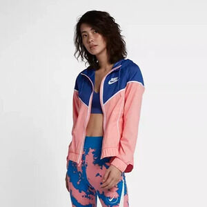 Nike Jacket Bleached Coral Pink Blue Full Zip Womens Size M Hooded Windbreaker